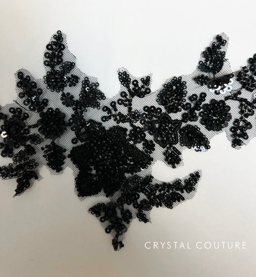 Black Embroidered Beaded Floral Applique with Sequins