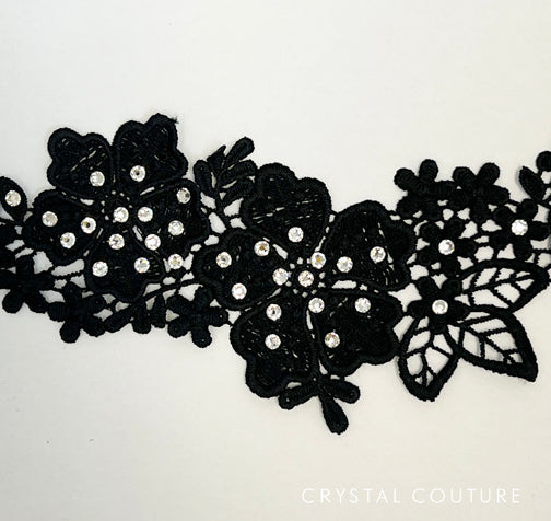 Black Embroidered Floral Applique with Rhinestones