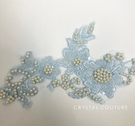 Powder Blue Embroidered Beaded Floral Applique with Pearls.