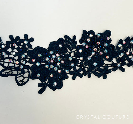 Navy Embroidered Floral Applique with Rhinestones