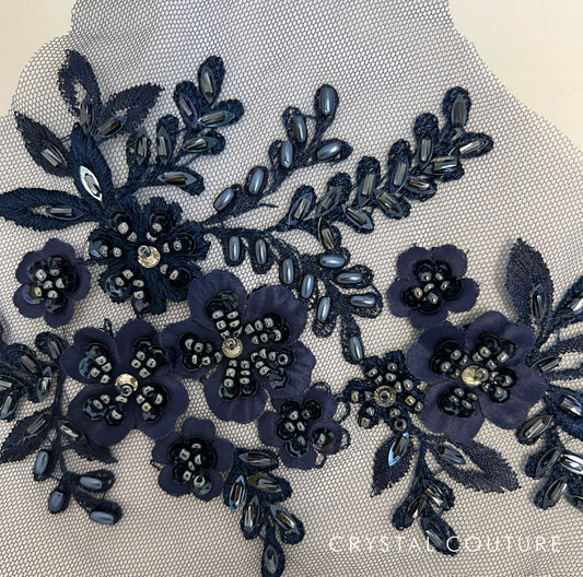 Navy Blue Beaded Embroidered Floral Applique