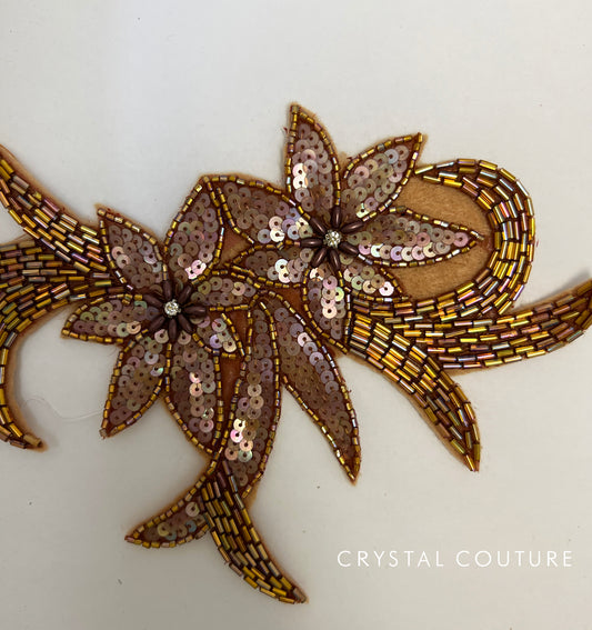 Bronze Beaded/Sequin Floral Applique - Felt Backing