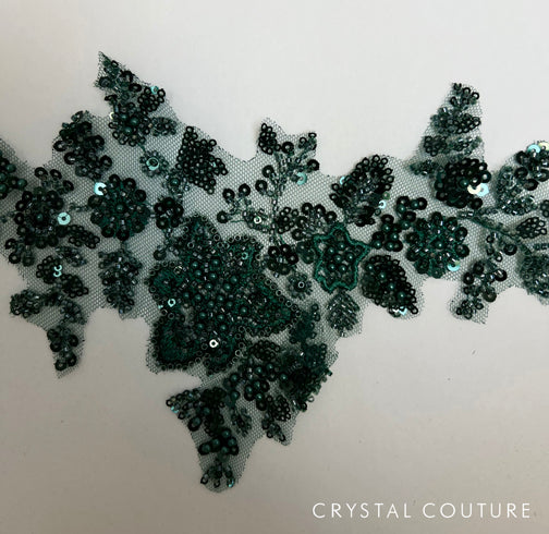 Dark Green Embroidered Beaded Floral Applique with Sequins