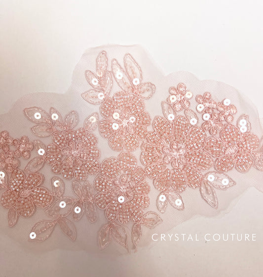 Pale Pink Embroidered Beaded Floral Applique with beads