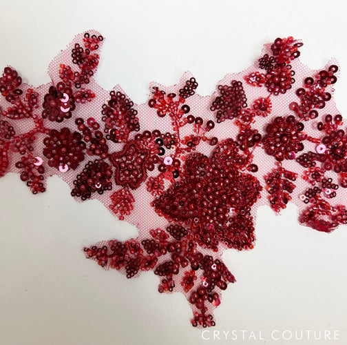 Red Embroidered Beaded Floral Applique with Sequins