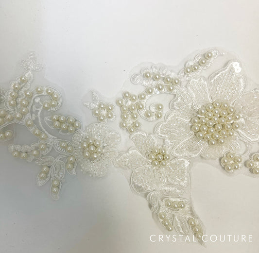 White Embroidered Beaded Floral Applique with Pearls.