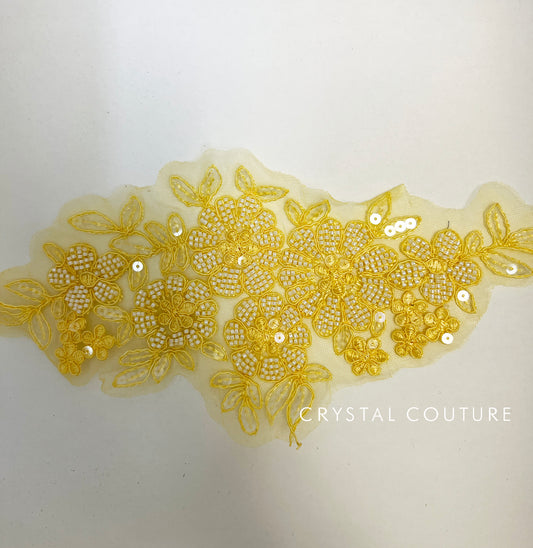 Pastel Yellow Embroidered and Beaded Floral Applique