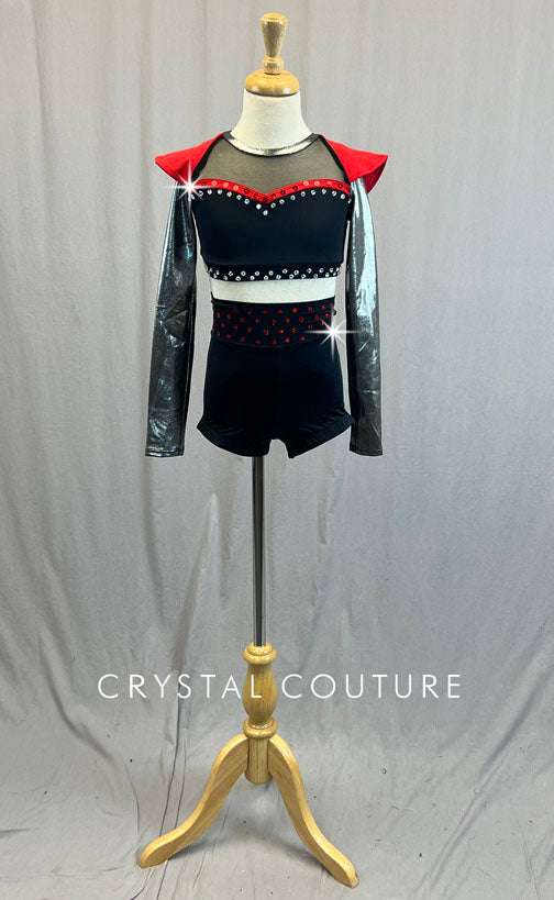Black and Metallic Grey Top and High Waisted Shorts with Red Structured Shoulders - Rhinestones