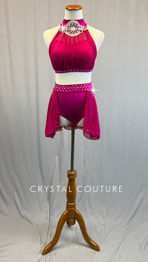 Magenta Ruched Top with Skirted Trunks and Applique - Rhinestones