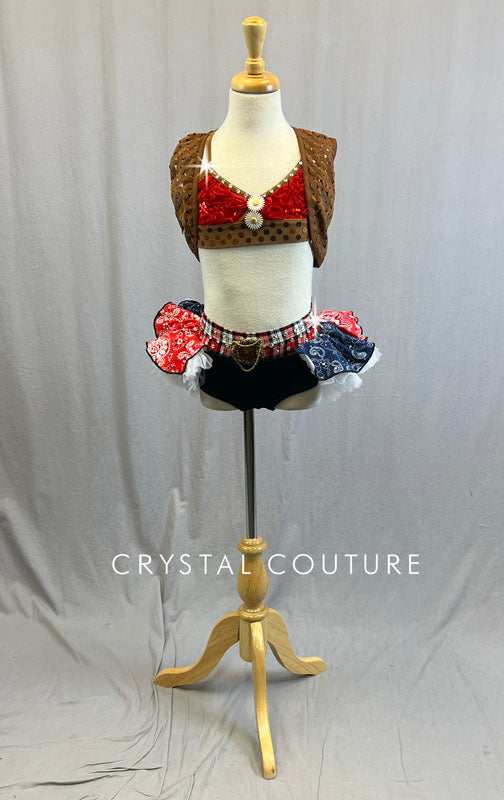 Brown Cowgirl Inspired Top and Vest with Denim Trunks and Crinoline Half Skirt - Rhinestones