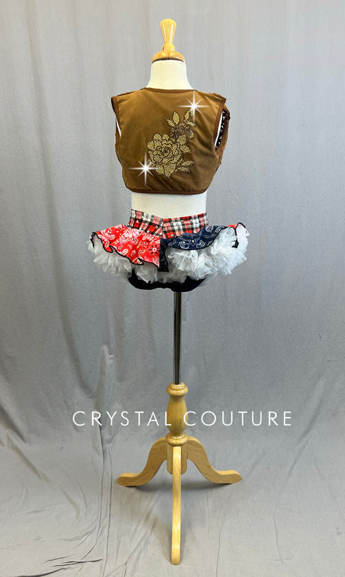 Brown Cowgirl Inspired Top and Vest with Denim Trunks and Crinoline Half Skirt - Rhinestones