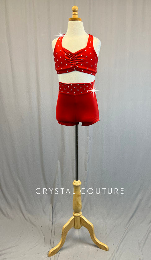 Bright Red Cross Strap Top with High Waisted Booty Shorts - Rhinestones