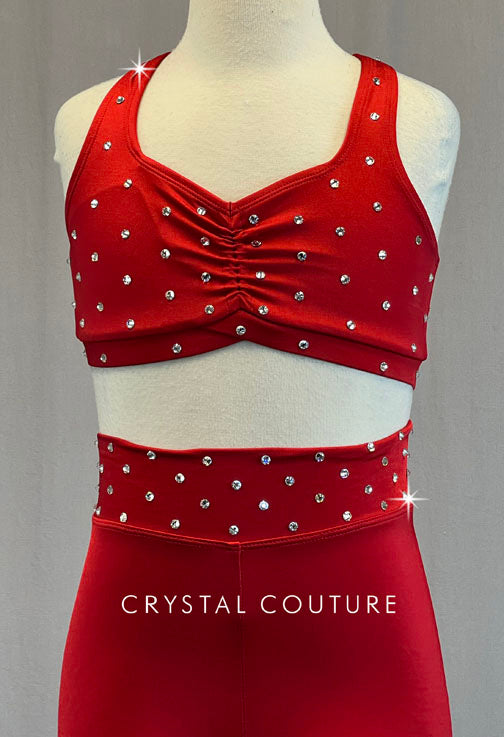 Bright Red Cross Strap Top with High Waisted Booty Shorts - Rhinestones