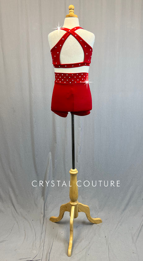 Bright Red Cross Strap Top with High Waisted Booty Shorts - Rhinestones