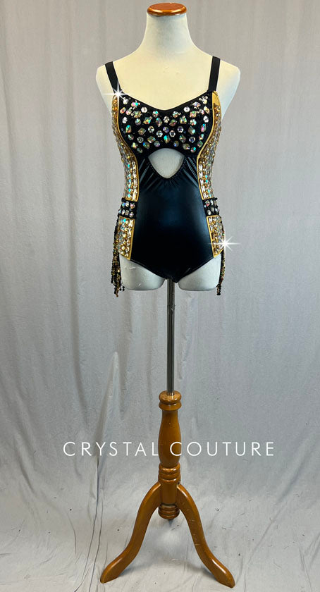 Black & Gold Pleather Leotard with Fringe Back Skirt and Acrylic Shapes