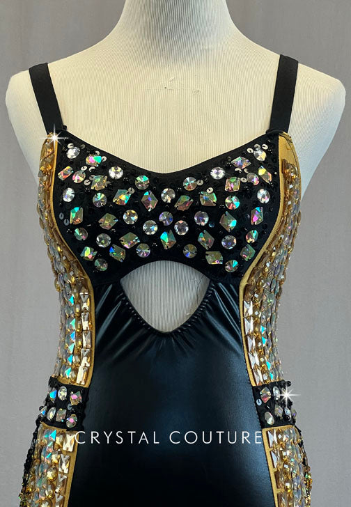 Black & Gold Pleather Leotard with Fringe Back Skirt and Acrylic Shapes