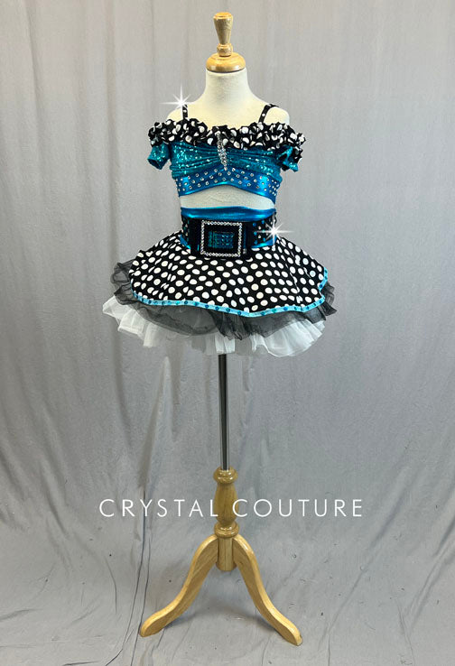 Blue Zsa Zsa Off Shoulder Top with Polka Dot Skirt and Crinoline - Rhinestones