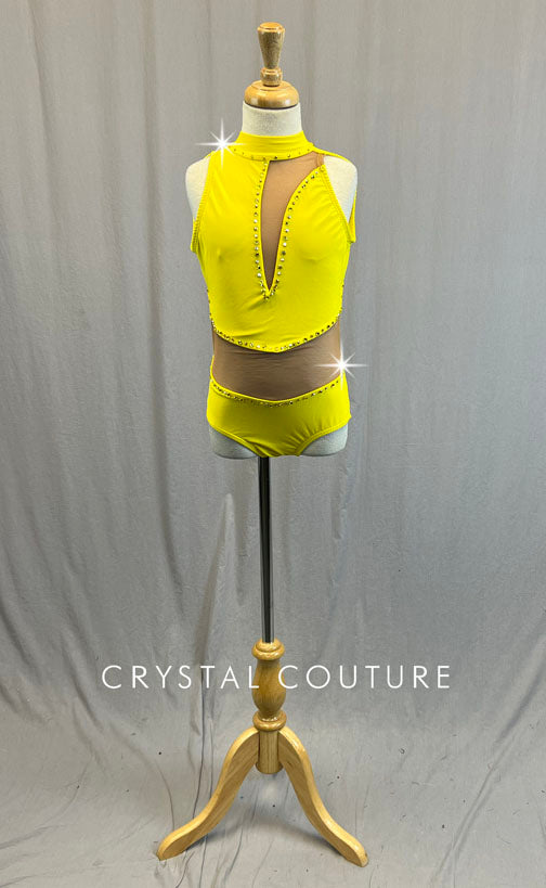 Yellow Open Back Leotard with Asymmetrical Mesh Cutouts - Rhinestones