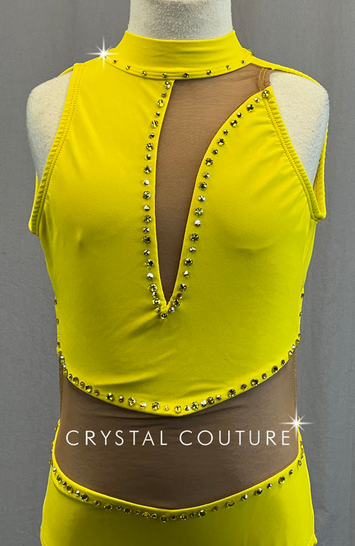 Yellow Open Back Leotard with Asymmetrical Mesh Cutouts - Rhinestones