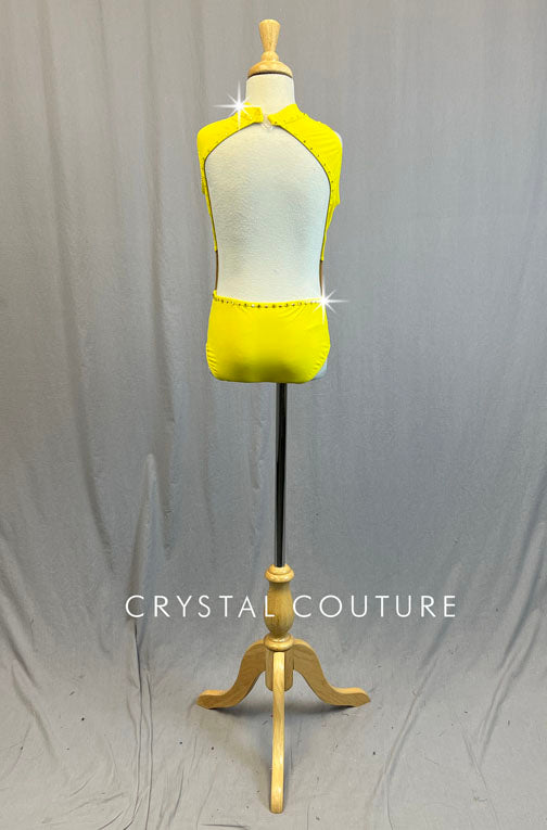 Yellow Open Back Leotard with Asymmetrical Mesh Cutouts - Rhinestones