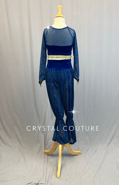Navy Velvet Arabian Inspired Top and Harem Pants with Glitter Mesh - Rhinestones