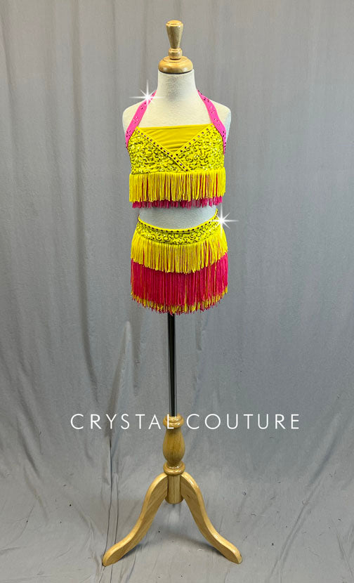 Yellow Zsa Zsa & Hot Pink Halter Top and Fringe Skirt - Rhinestones
