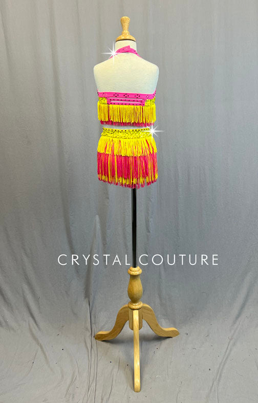 Yellow Zsa Zsa & Hot Pink Halter Top and Fringe Skirt - Rhinestones