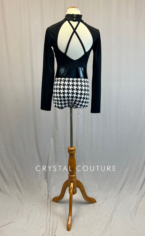 Black Mock Neck Leotard with Houndstooth Trunks and Pleather Belt