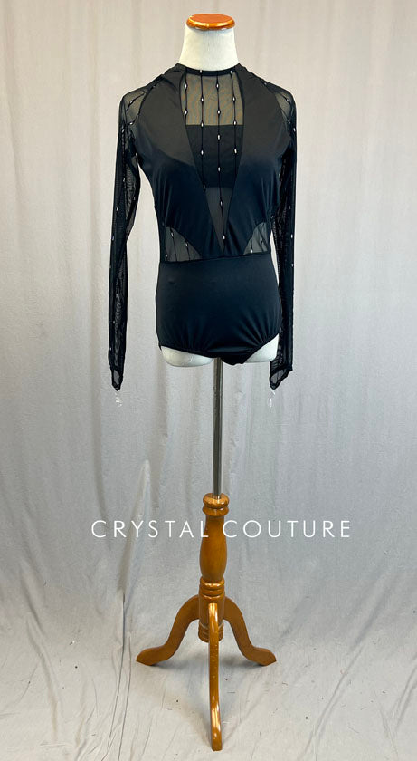 Black Long Sleeve Leotard with Glitter Mesh Cutouts