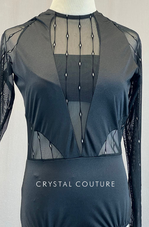 Black Long Sleeve Leotard with Glitter Mesh Cutouts