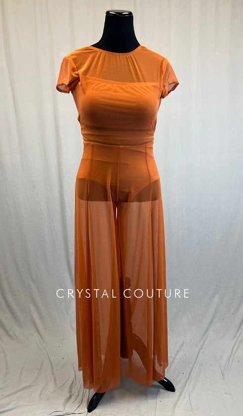 Burnt Orange Mesh Short Sleeve Top and Wide Leg Pants