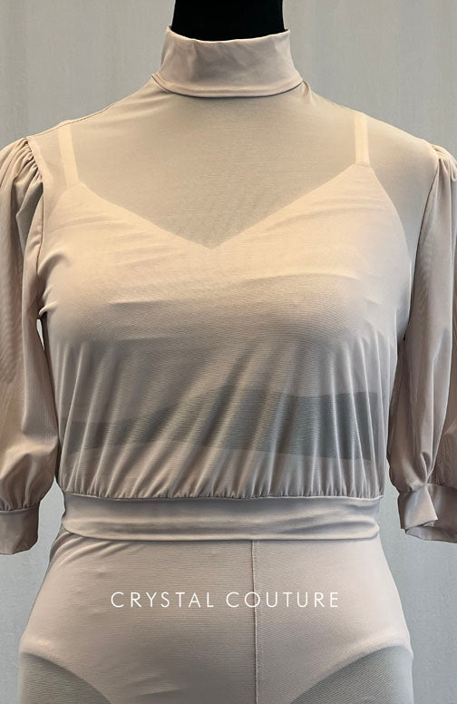 Taupe Mesh Puff Sleeve Top and Wide Leg Pants