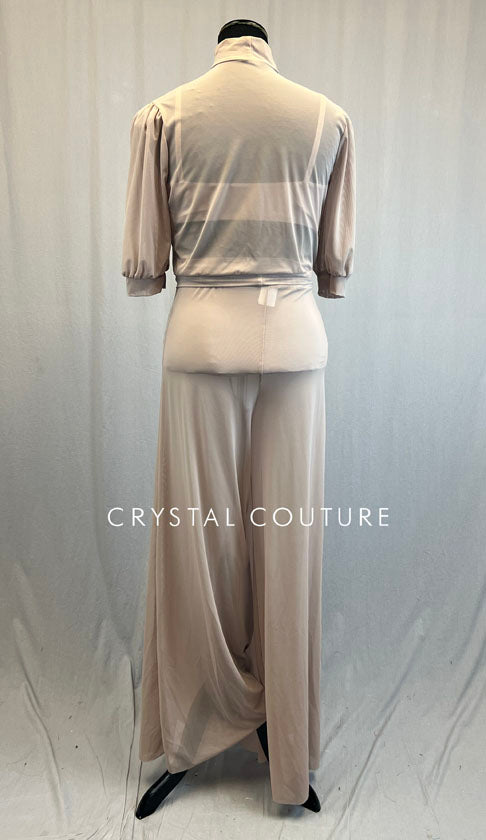 Taupe Mesh Puff Sleeve Top and Wide Leg Pants