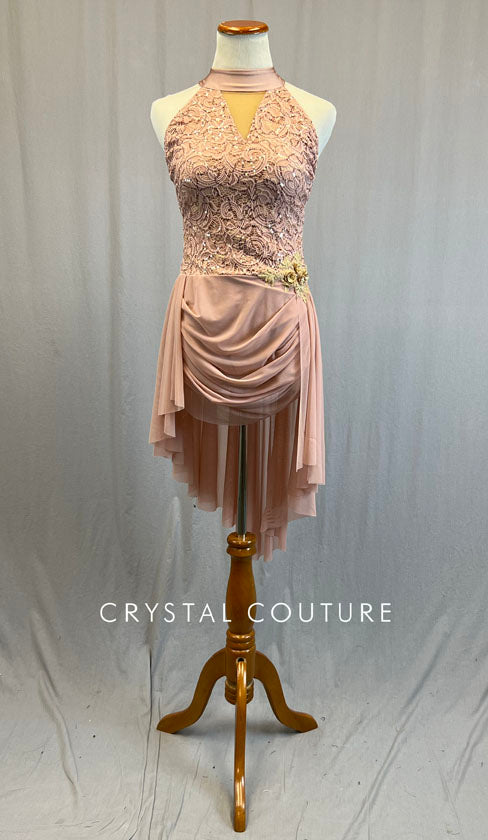 Dusty Pink Sequin Leotard with Draped Asymmetrical Skirt and Appliques