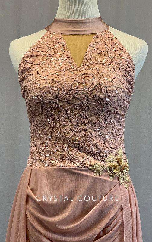 Dusty Pink Sequin Leotard with Draped Asymmetrical Skirt and Appliques