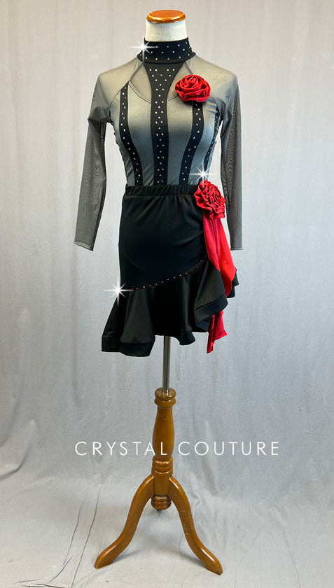 Grey & Black Leotard with Ruffle Hem Salsa Skirt - Rhinestones