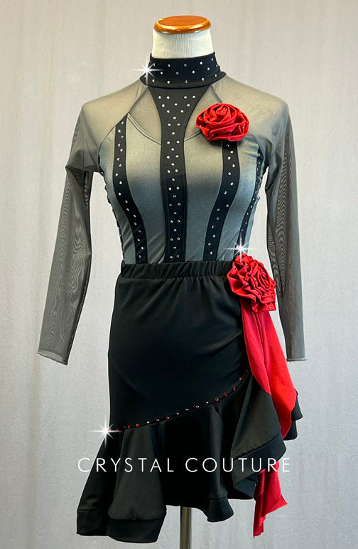Grey & Black Leotard with Ruffle Hem Salsa Skirt - Rhinestones