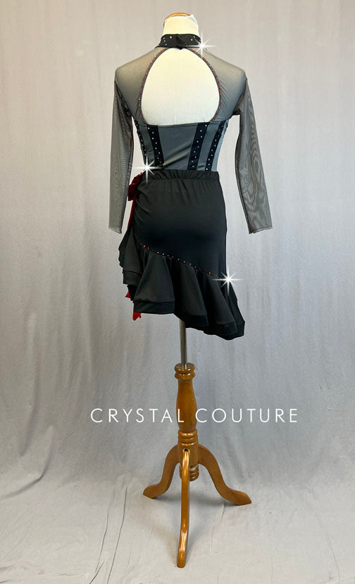 Grey & Black Leotard with Ruffle Hem Salsa Skirt - Rhinestones