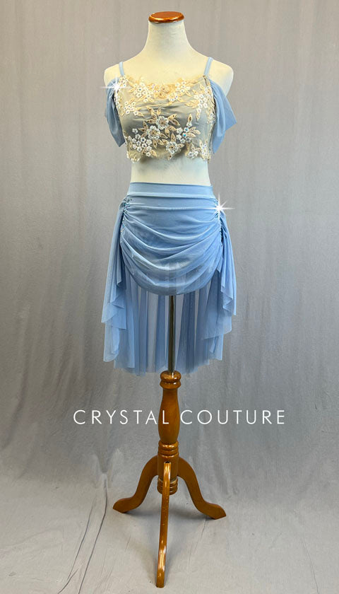 Pale Blue & Champagne Off Shoulder Top and Skirt - Rhinestones