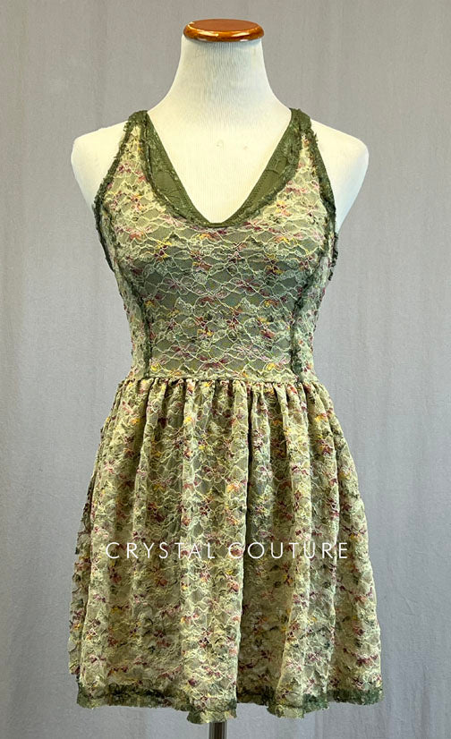 Custom Ivory & Multicolor Lace A Line Dress with Olive Leotard