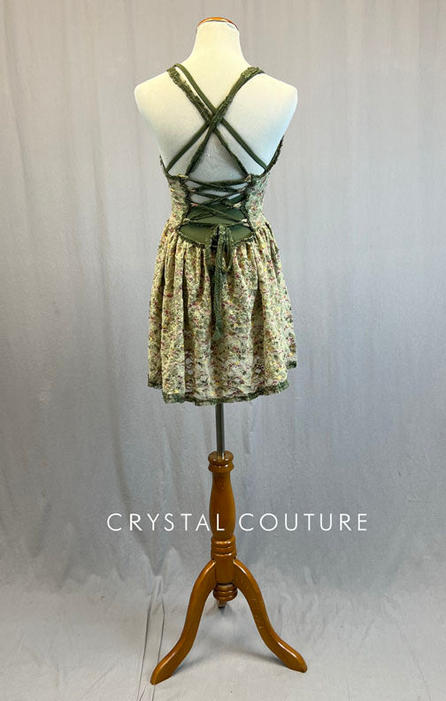 Custom Ivory & Multicolor Lace A Line Dress with Olive Leotard