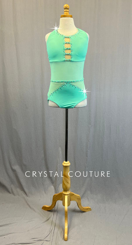 Custom Mint Green Halter Leotard with Mesh Cutouts - Rhinestones