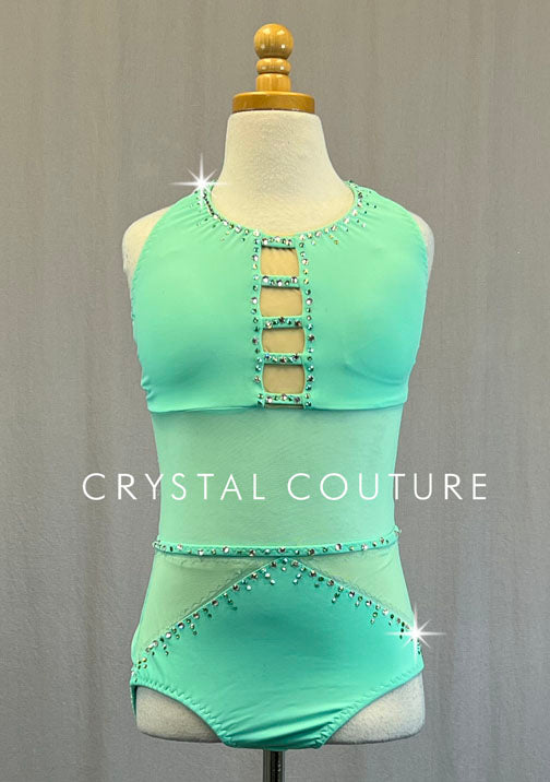 Custom Mint Green Halter Leotard with Mesh Cutouts - Rhinestones