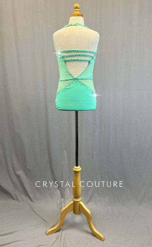 Custom Mint Green Halter Leotard with Mesh Cutouts - Rhinestones