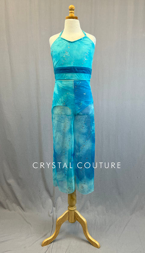Custom Marbled Blue Top and Wide Leg Mesh Pants