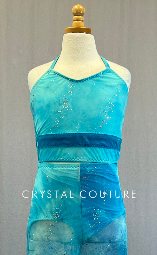 Custom Marbled Blue Top and Wide Leg Mesh Pants