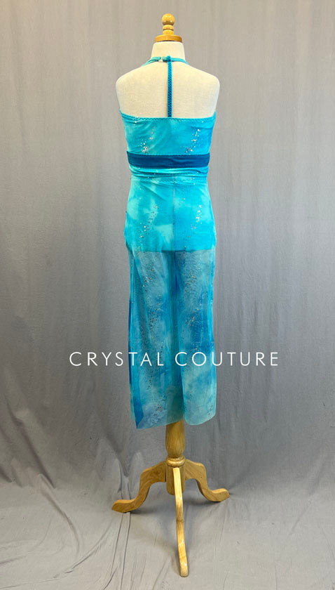 Custom Marbled Blue Top and Wide Leg Mesh Pants