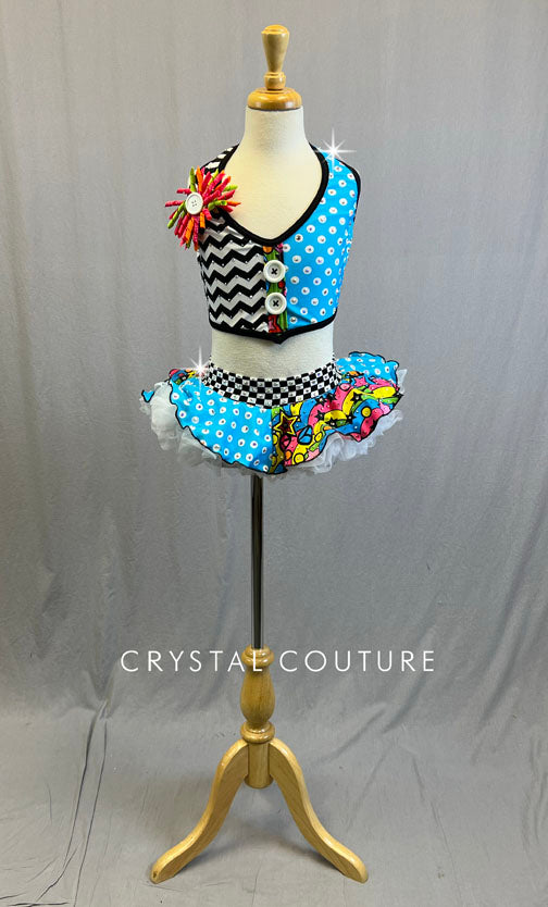 Custom Bright Multicolor Patterned Halter Top and Short Skirt with Crinoline - Rhinestones