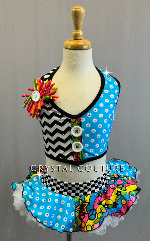 Custom Bright Multicolor Patterned Halter Top and Short Skirt with Crinoline - Rhinestones