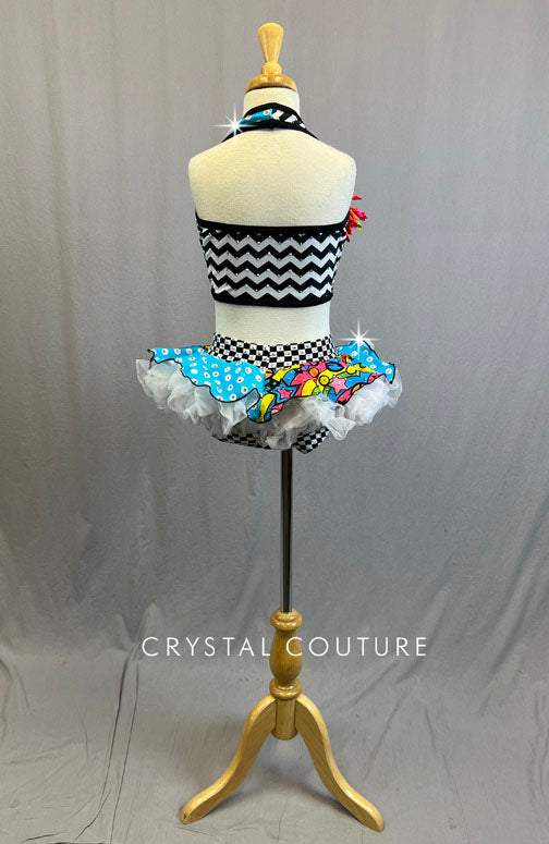 Custom Bright Multicolor Patterned Halter Top and Short Skirt with Crinoline - Rhinestones